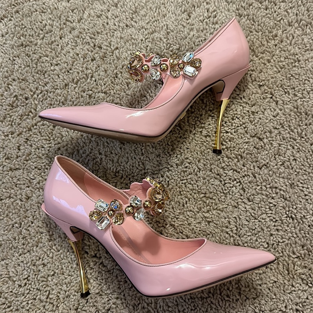 Dolce & Gabbana Patent Leather Crystal Pumps Gold Heel 40 1/2 EU Barbie - Picture 2 of 10